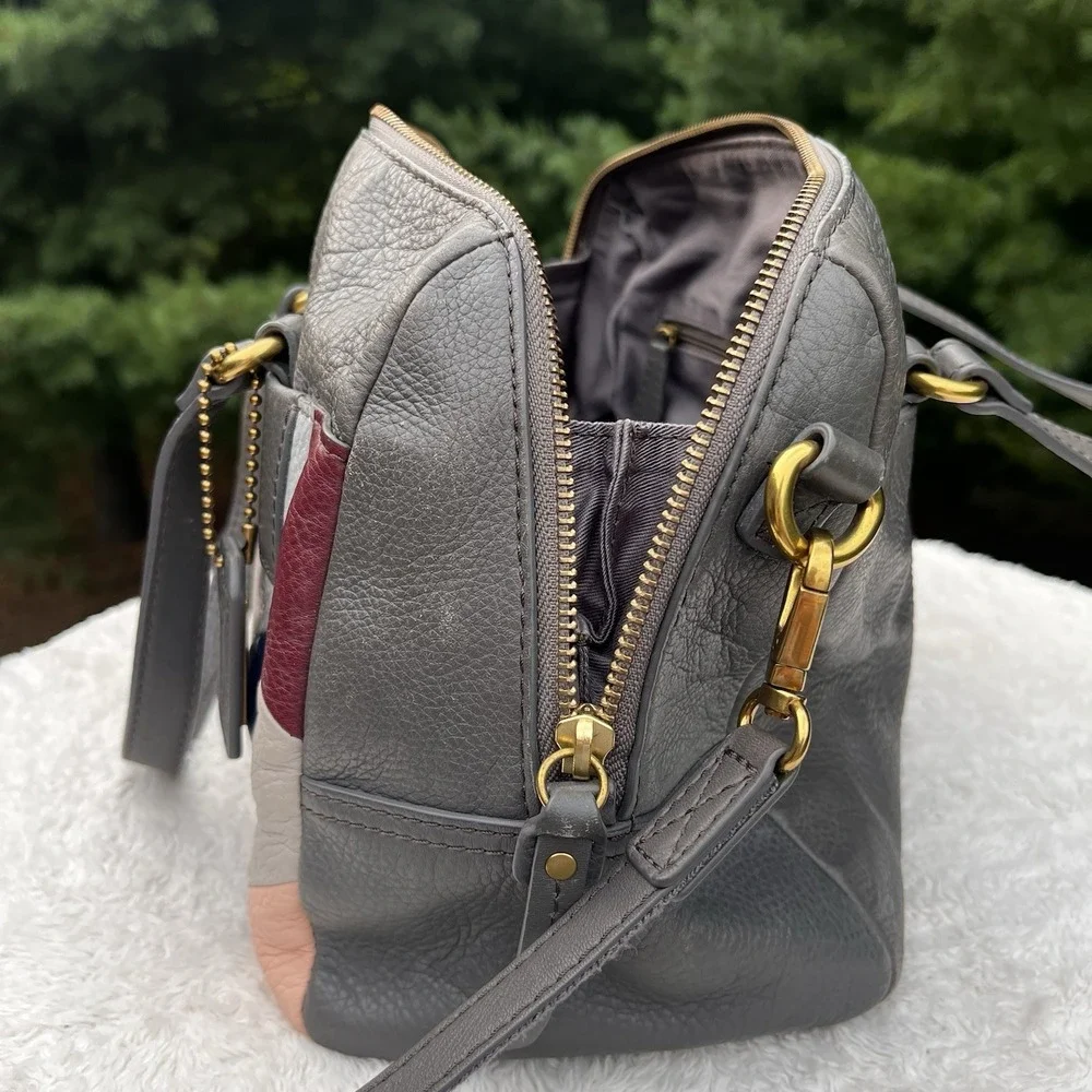 Fossil Satchel Patchwork Leather Geometric Crossbody Bag Purse Gray